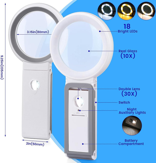 Premium läsförstoringsglas x10 med kraftfull förstoring och LED - belysning. Fria händer! - Förstoringsglas - Seniorliving