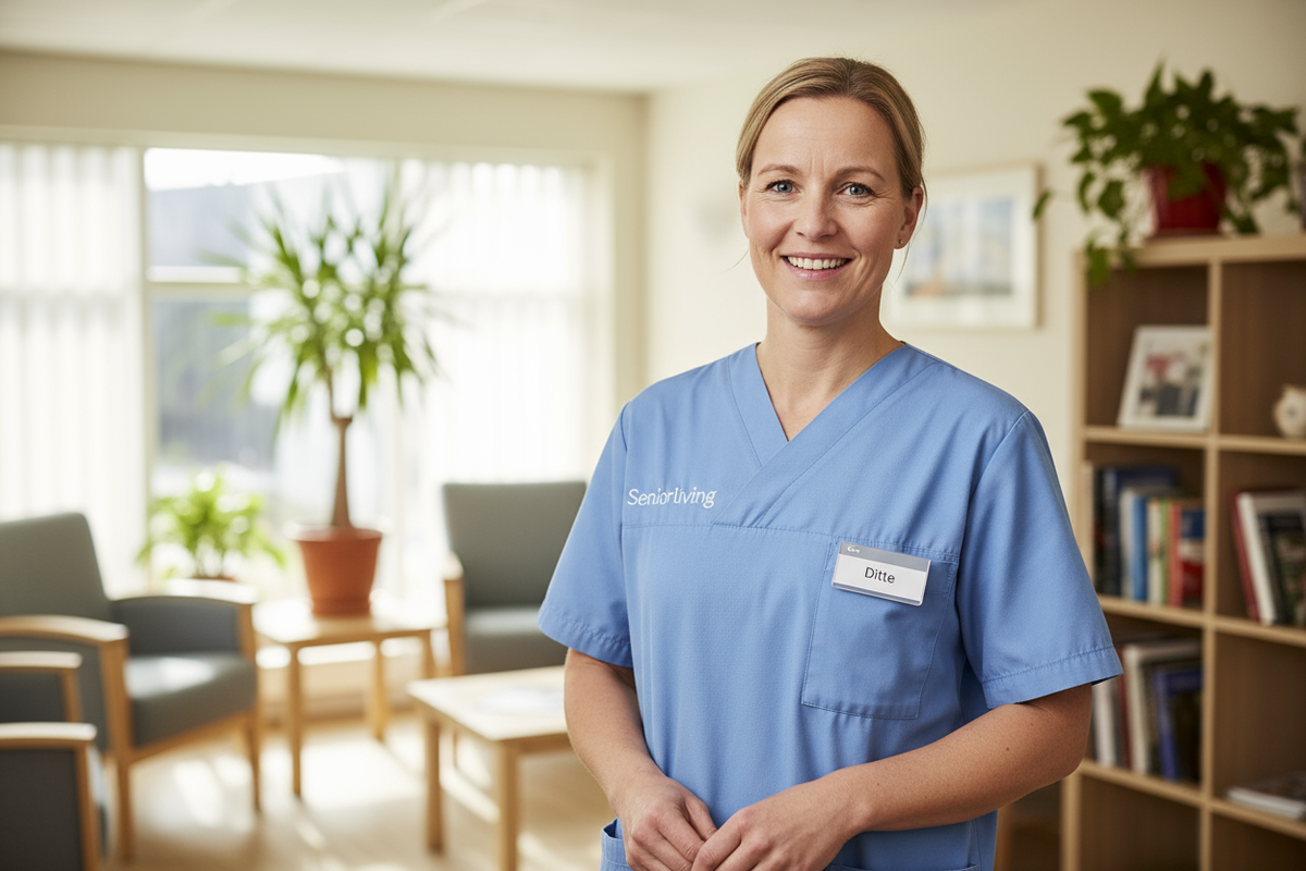 en sygeplejerske med der smiler i en passende lokation. på sit ene bryst har hun teksten Seniorliving på det andet et navneskilt hvor der står Ditte.