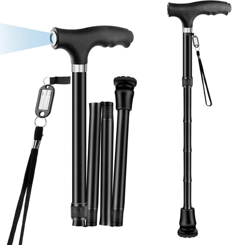 FOLDBAR LED - STOK – Elegant og praktisk sort gangstok med LED - lys. Højdejusterbar. - Foldbar stok - Seniorliving