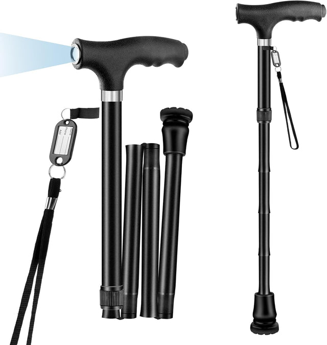 FOLDBAR LED - STOK – Elegant og praktisk sort gangstok med LED - lys. Højdejusterbar. - Foldbar stok - Seniorliving