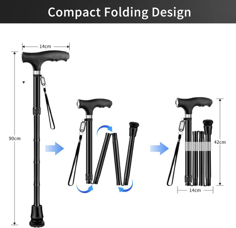 FOLDBAR LED - STOK – Elegant og praktisk sort gangstok med LED - lys. Højdejusterbar. - Foldbar stok - Seniorliving