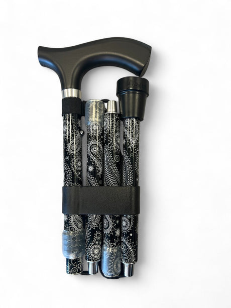Hopfällbar käpp i svart/vitt – Vackra detaljer. Höjdjusterbar och ergonomisk. - Foldbar stok - Seniorliving